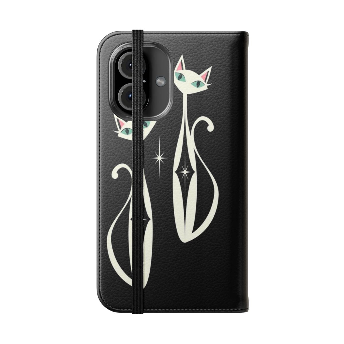 Retro and vintage-inspired phone case with a diamond pattern and cute cats - Folded Front