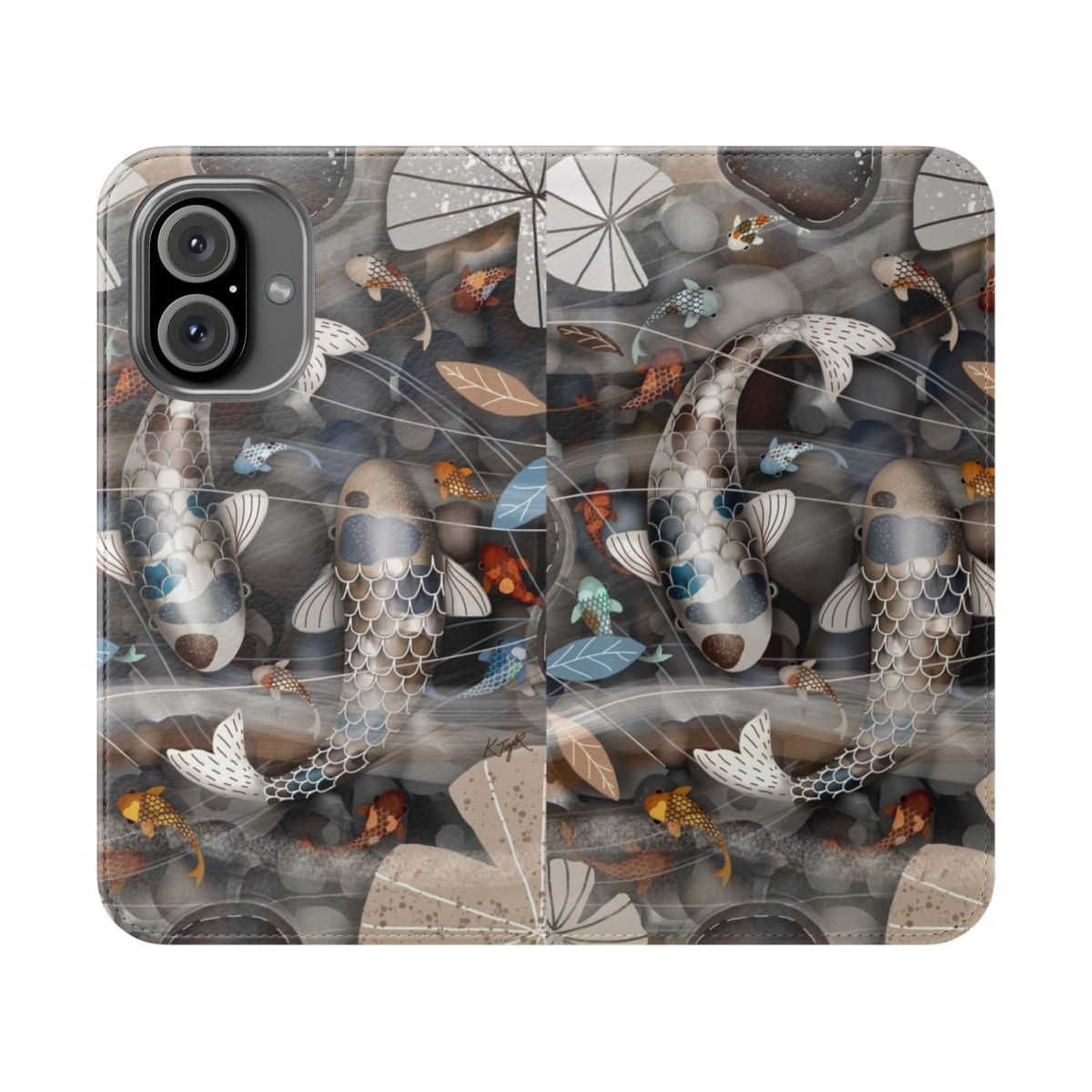 A vibrant and artistic phone case featuring a beautiful koi fish pond design.