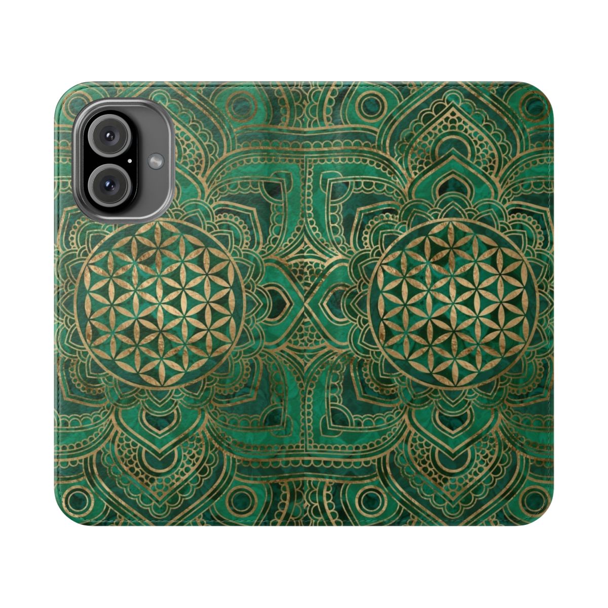 A vibrant malachite and gold phone case featuring a sacred geometry lotus flower design.