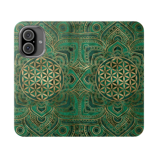 A vibrant malachite and gold phone case featuring a sacred geometry lotus flower design.