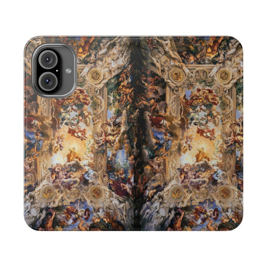 Flip cover phone case with a renaissance-style painting of gods, angels, and mythological figures