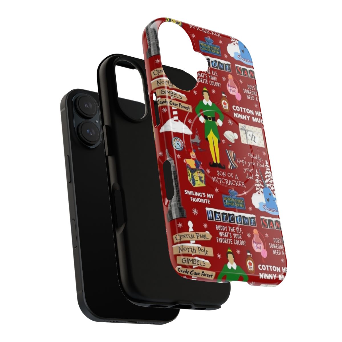 Collage of Buddy the Elf from the Christmas movie with various holiday-themed quotes and images on a red phone case. - Layers