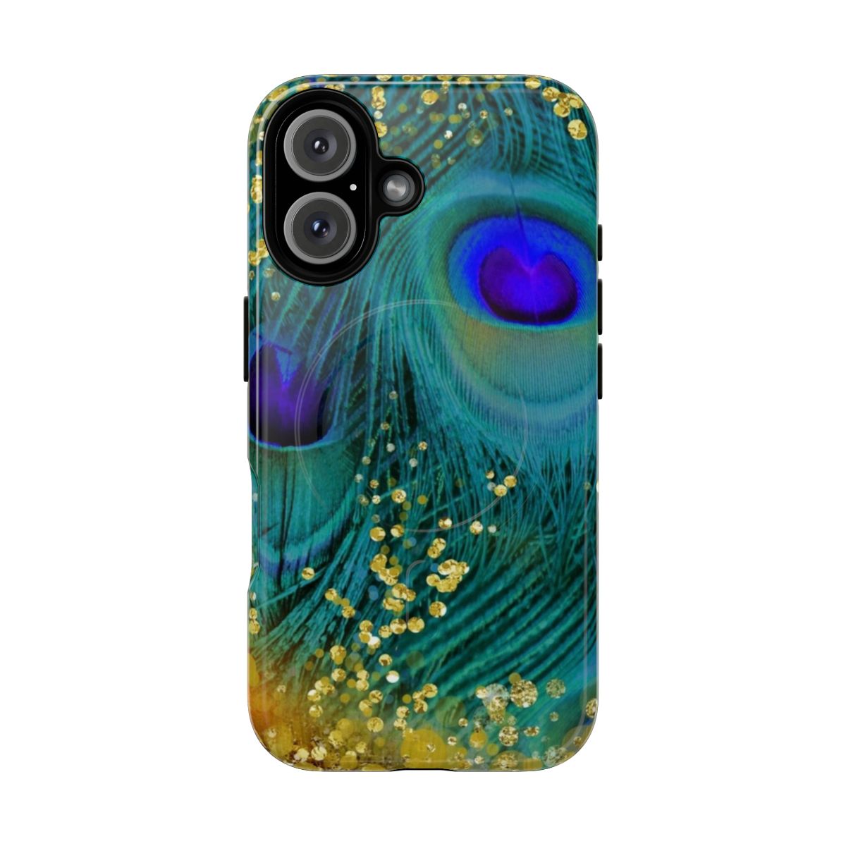 A closeup image of a phone case with a dreamy, iridescent peacock feather design in shades of teal, purple, and glimmering gold.