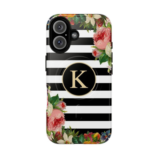 Monogram K Phone Case with Vintage Flowers and Black and White Stripes