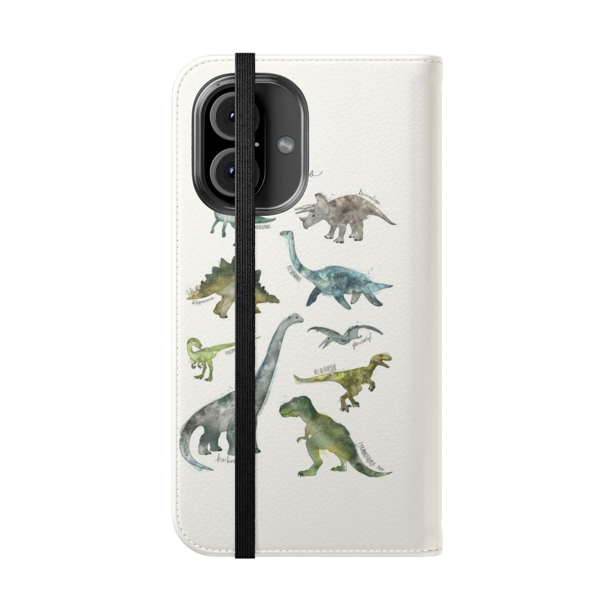 Flip phone case featuring a collage of various dinosaur illustrations and designs - Folded Front