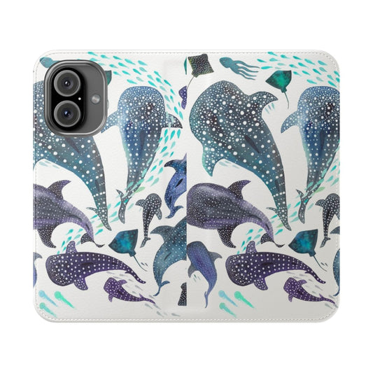 A vibrant watercolor design featuring a whale shark, ray, and other sea creatures on a phone case.