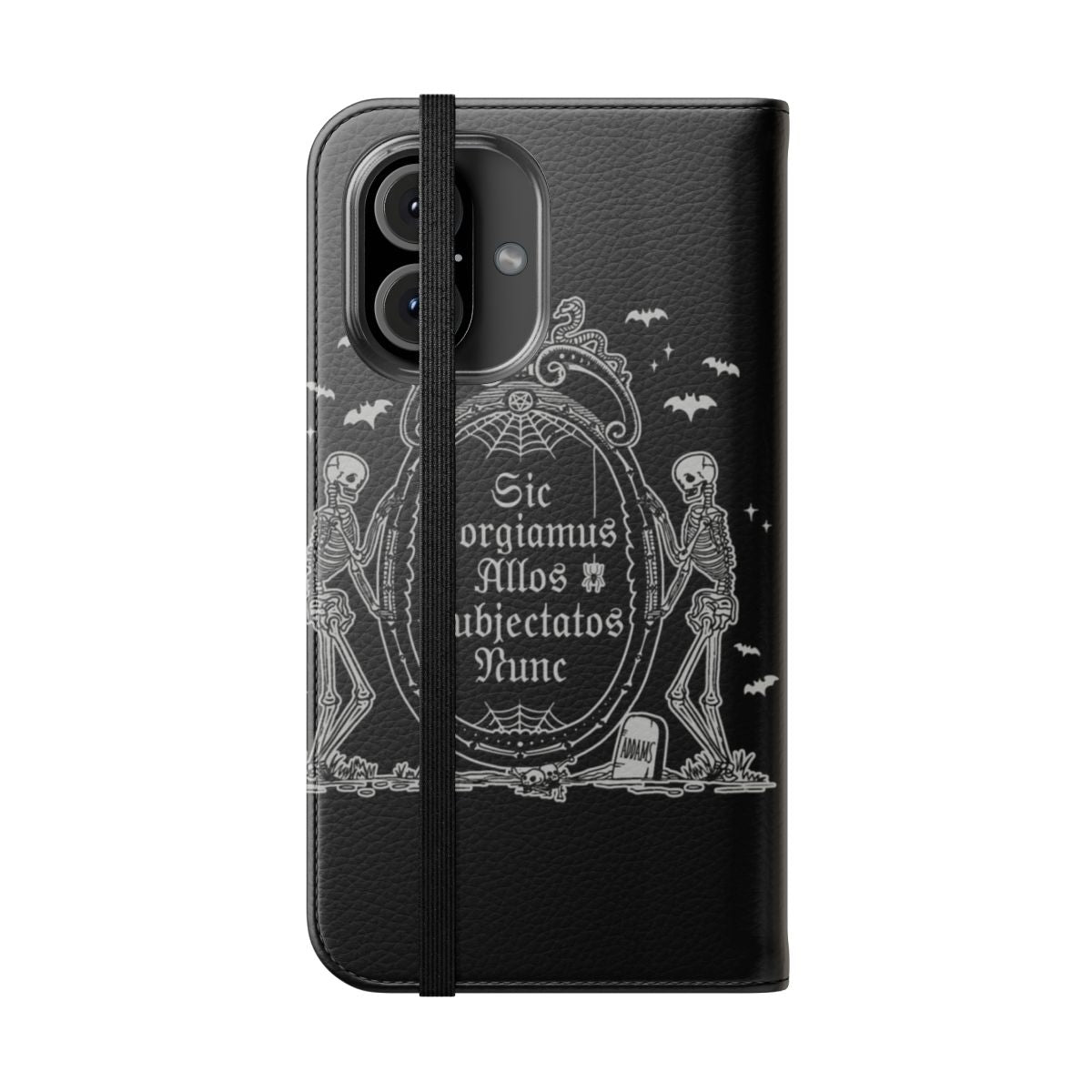 Addams-inspired flip phone case with gothic skeleton, skull, and bat design - Folded Front