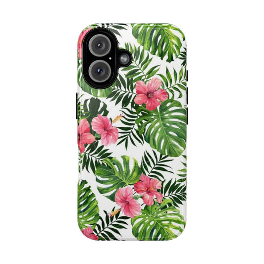 Tropical hibiscus flower phone case with a seamless pattern of botanical leaves, foliage, and floral elements.