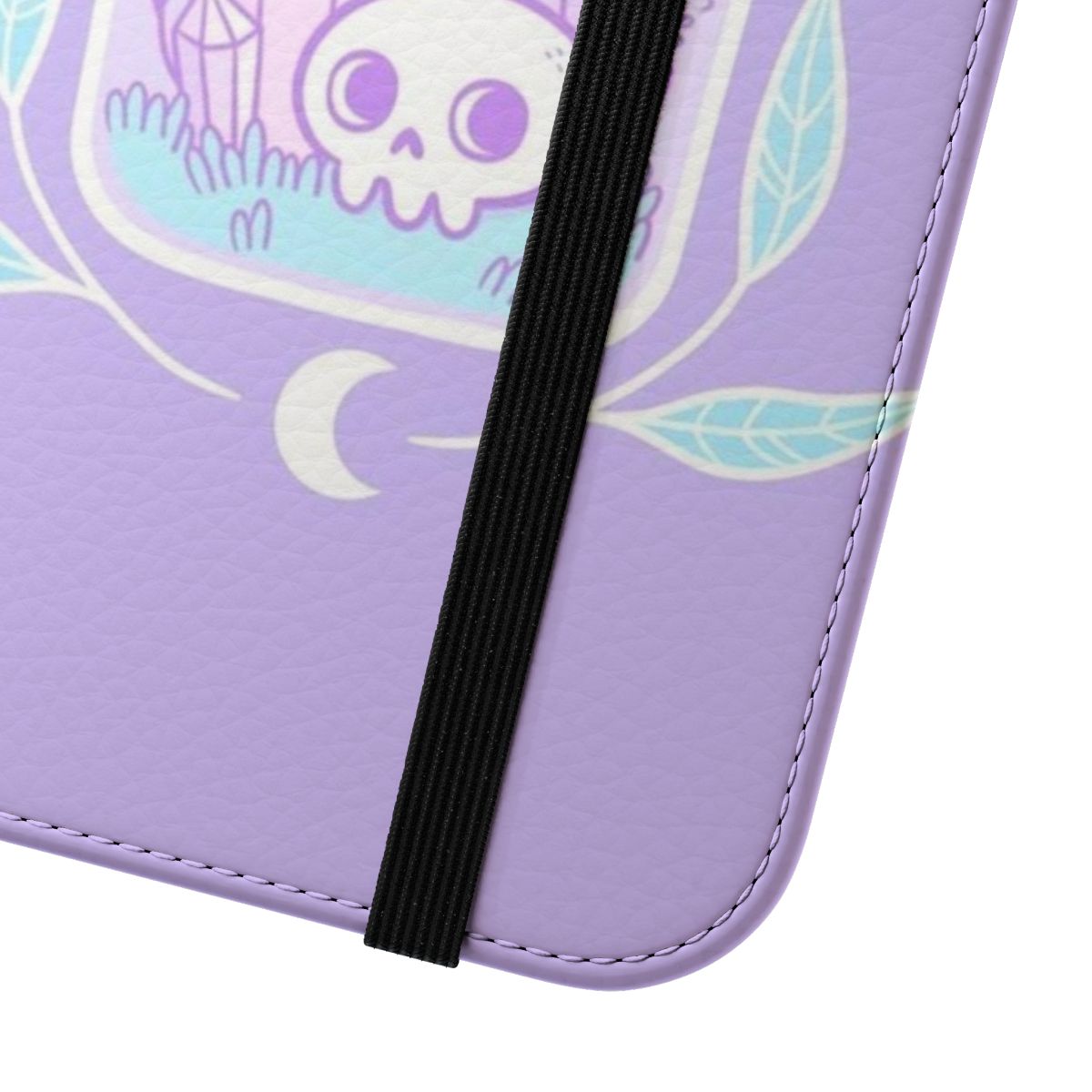 Pastel terrarium-themed flip phone case with crystals, moon, and skull design - Close Up