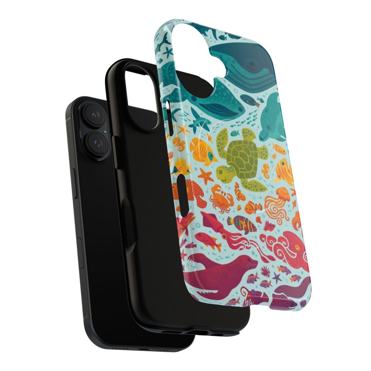 Vibrant blue and teal phone case with a colorful aquatic spectrum design featuring fish and sea creatures - Layers