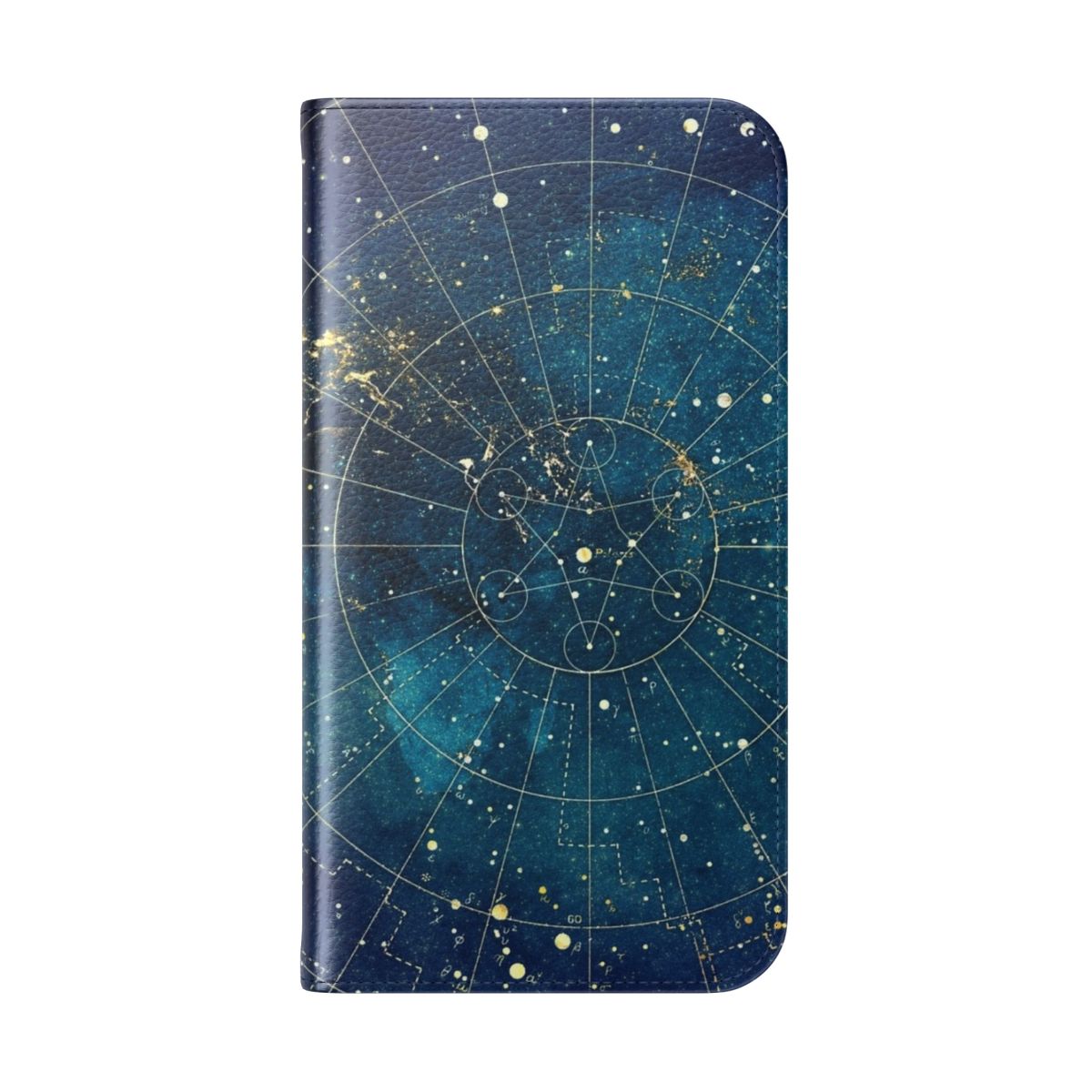 Flip cover phone case featuring a star map design with city lights on a dark background. - Folded Back