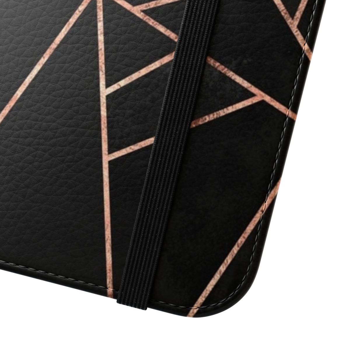 Minimalist dark modern geometric abstract flip phone case in black and rose gold colors - Close Up