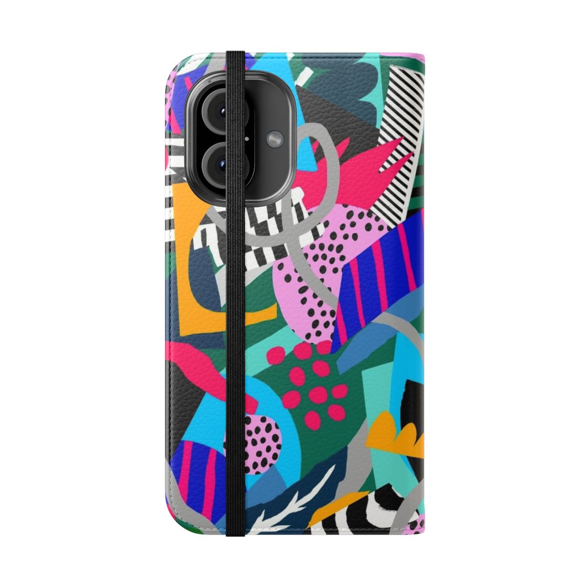 Colorful abstract art phone case featuring a tropical leaf design. - Folded Front