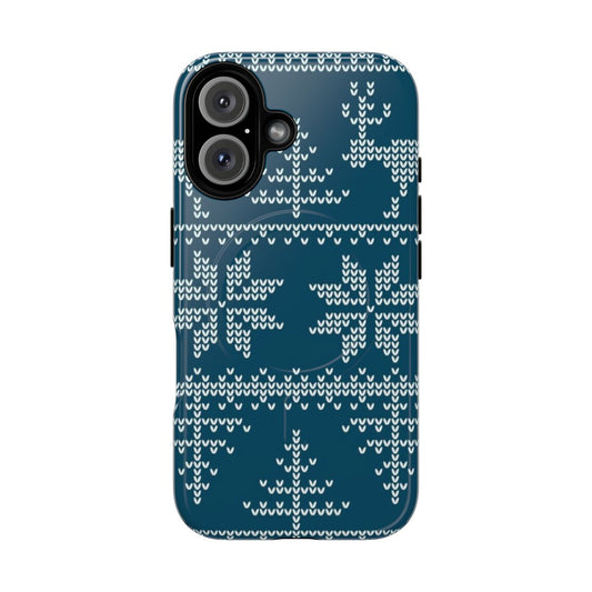 Nordic-inspired magnetic tough phone case with knit pattern, deer, and snowflakes