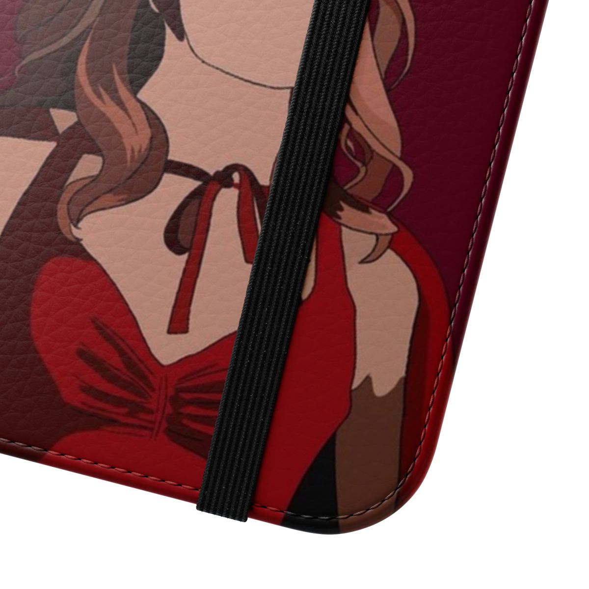 A stylish flip cover phone case featuring a design inspired by the Marvel series WandaVision. - Close Up