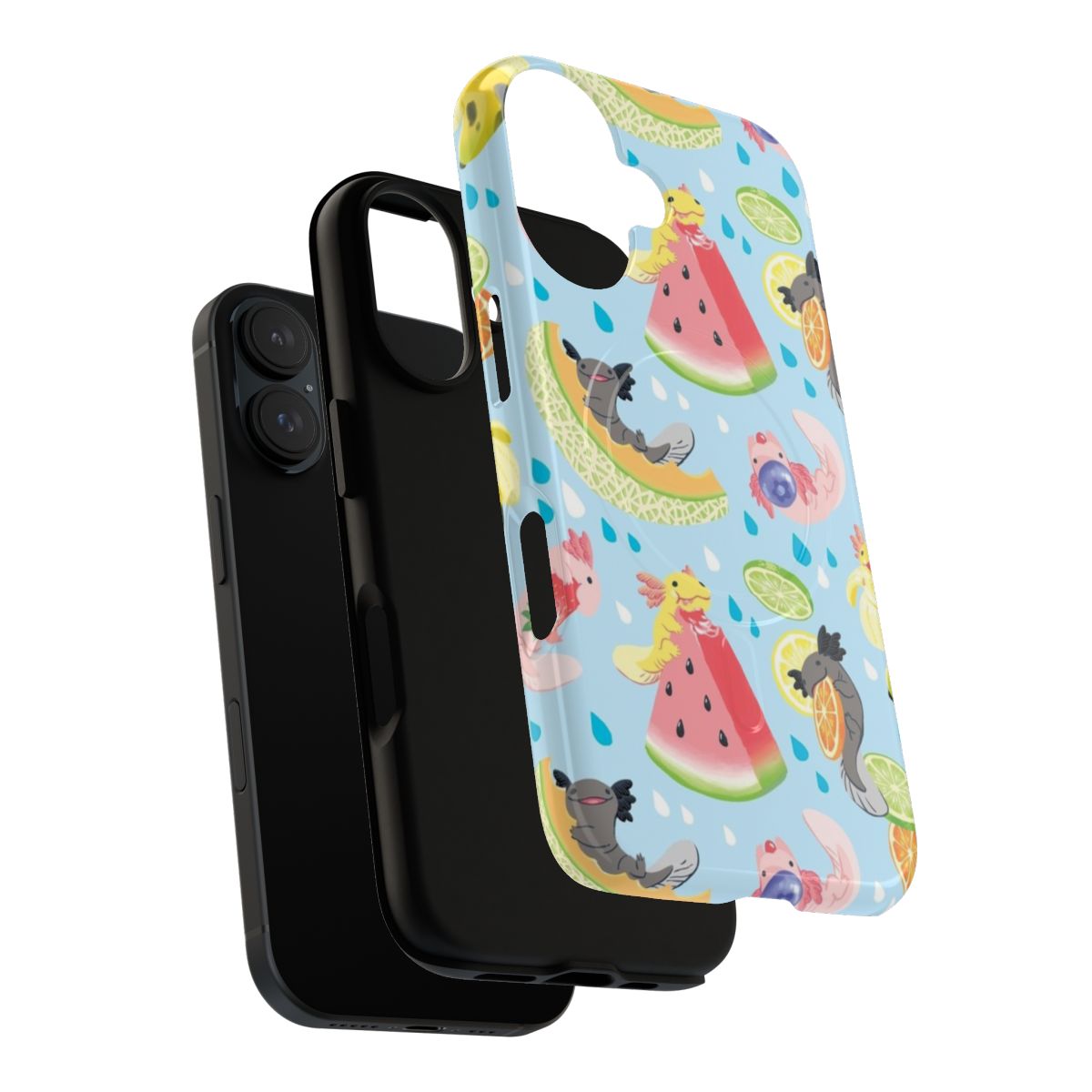 Vibrant, colorful phone case featuring a fun, fruity snaxolotl design - Layers