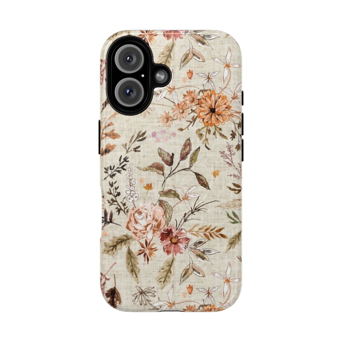 A watercolor floral phone case in autumn colors with a magnetic closure.