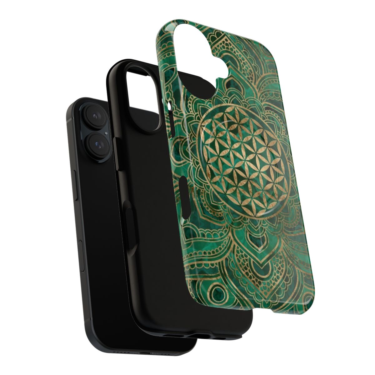 Flower of Life design in malachite and gold on a magnetic tough phone case - Layers