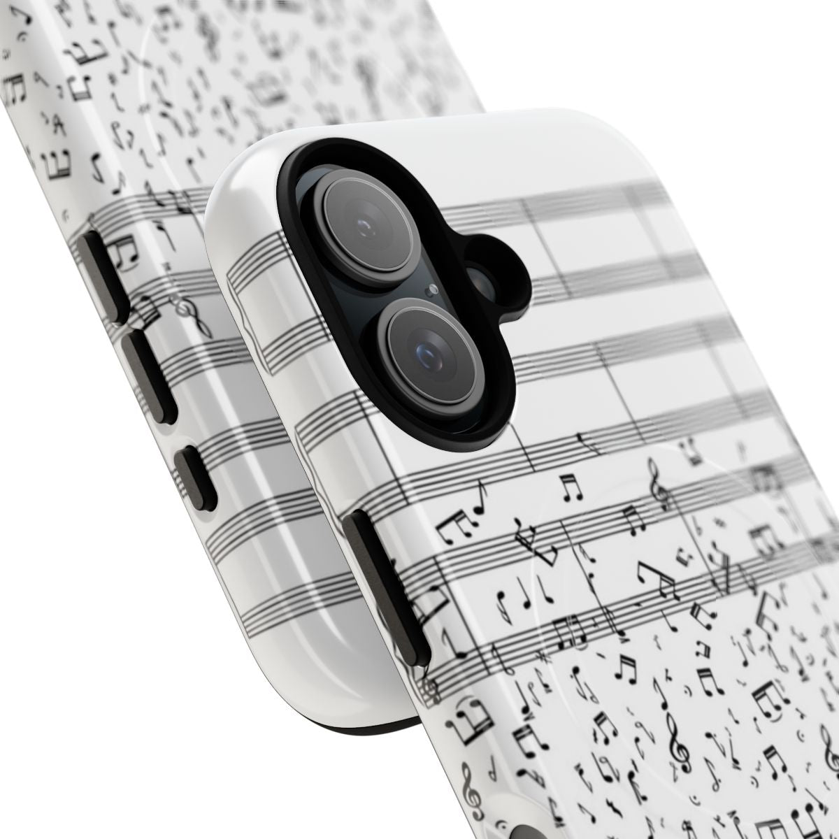 Magnetic phone case with a singing in the rain design, featuring musical notes and a rainy landscape silhouette. - Detail