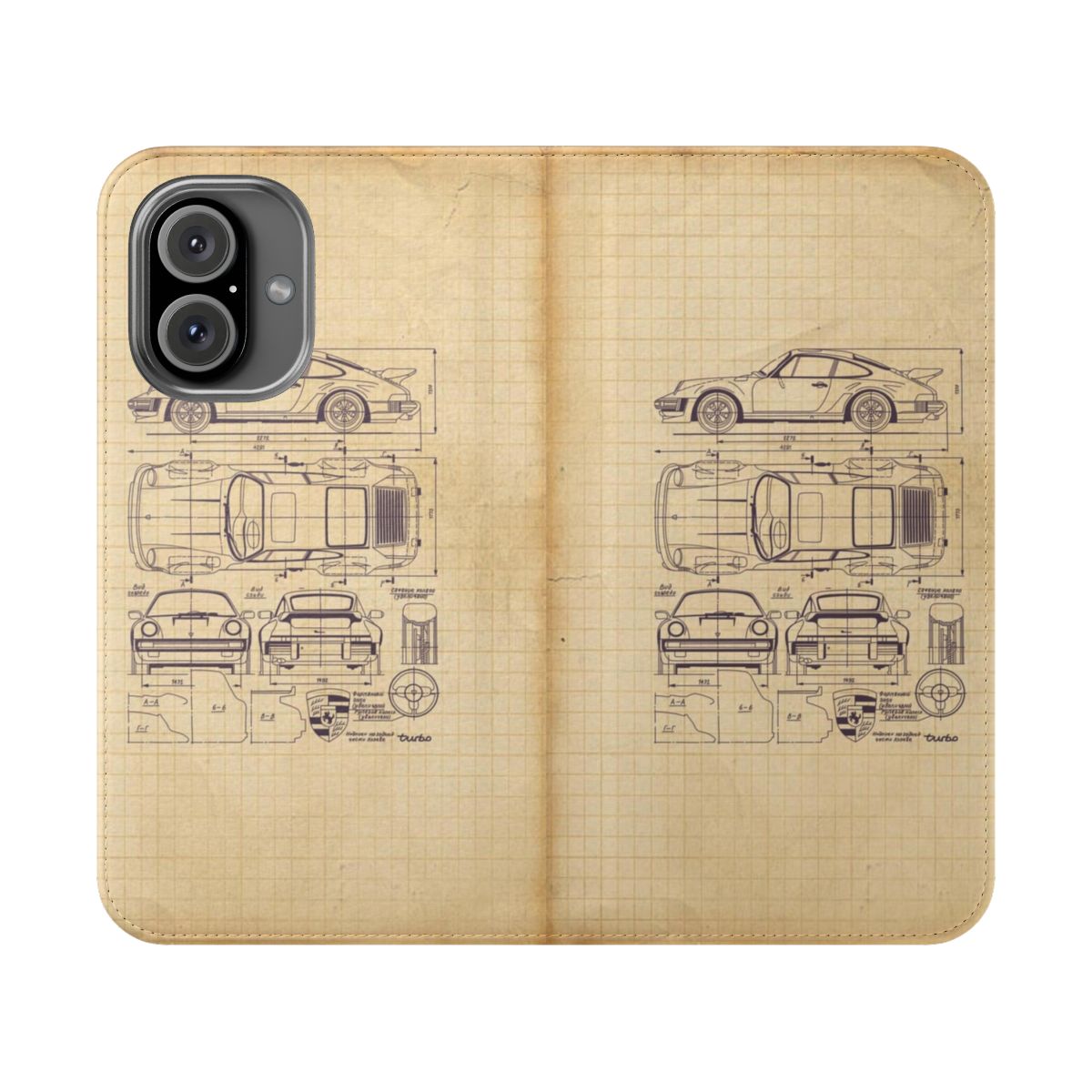 Porsche 911 blueprint themed flip cover phone case