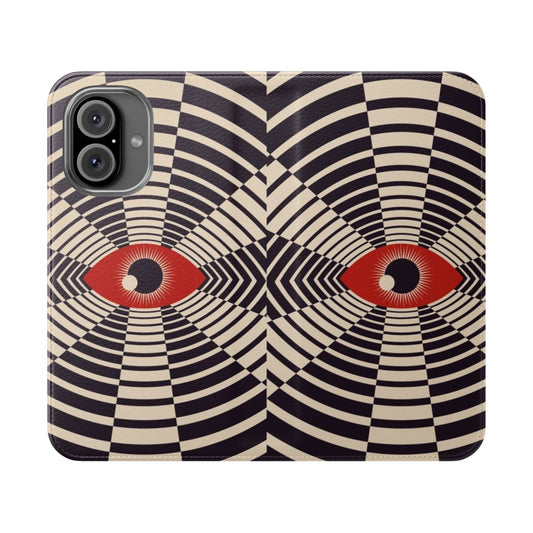 A stylish flip cover phone case featuring a bold, abstract all seeing eye design in a minimalist black and white color scheme.