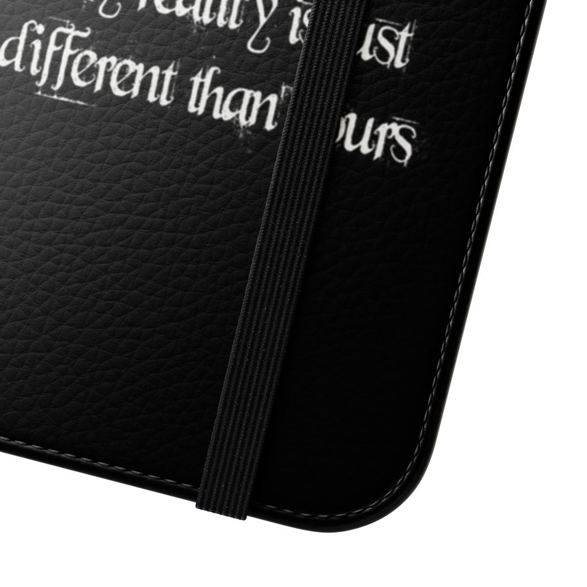 Flip phone case with a whimsical "we're all mad here" quote from Alice in Wonderland - Close Up