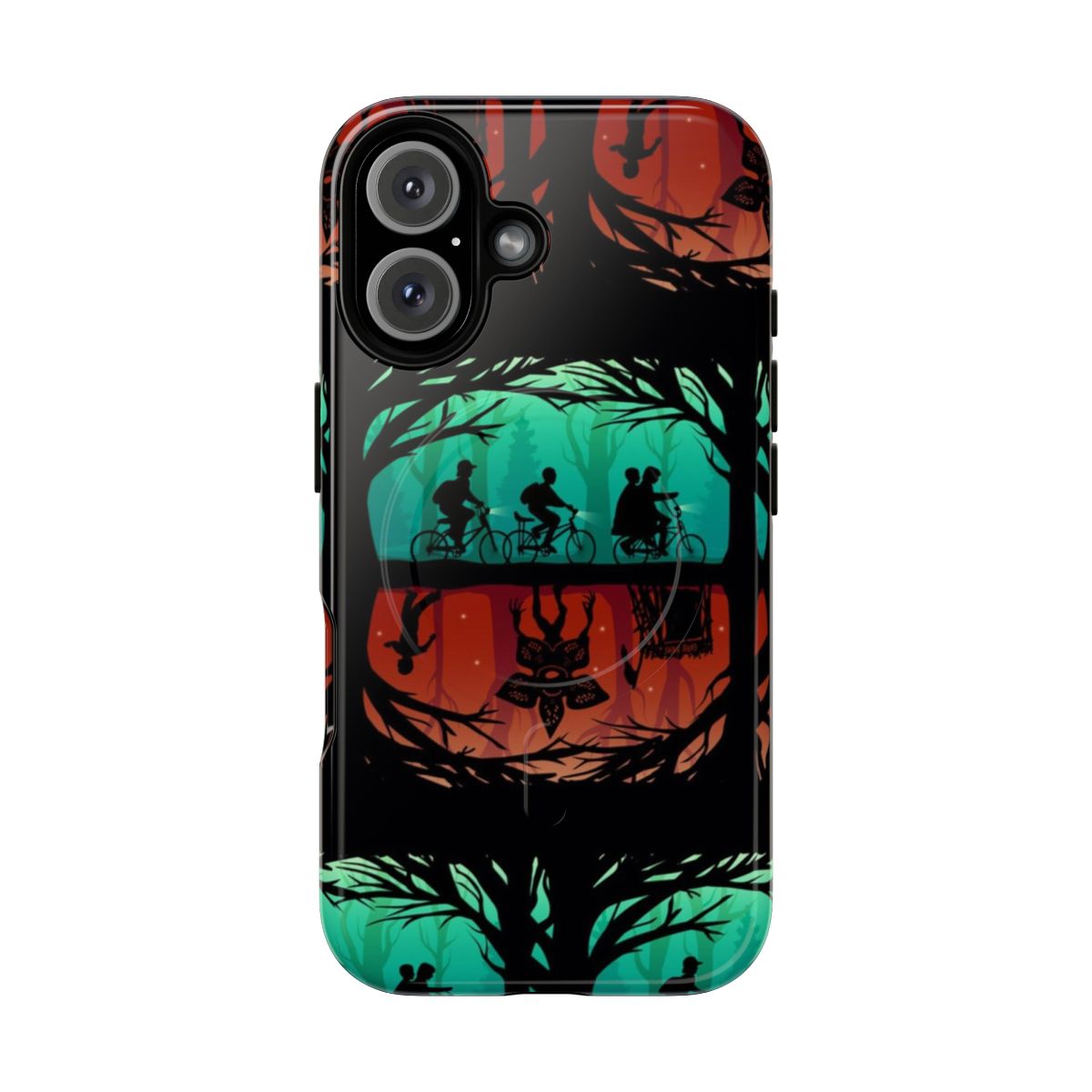 Stranger Things inspired magnetic phone case with the Upside Down and Hawkins silhouettes