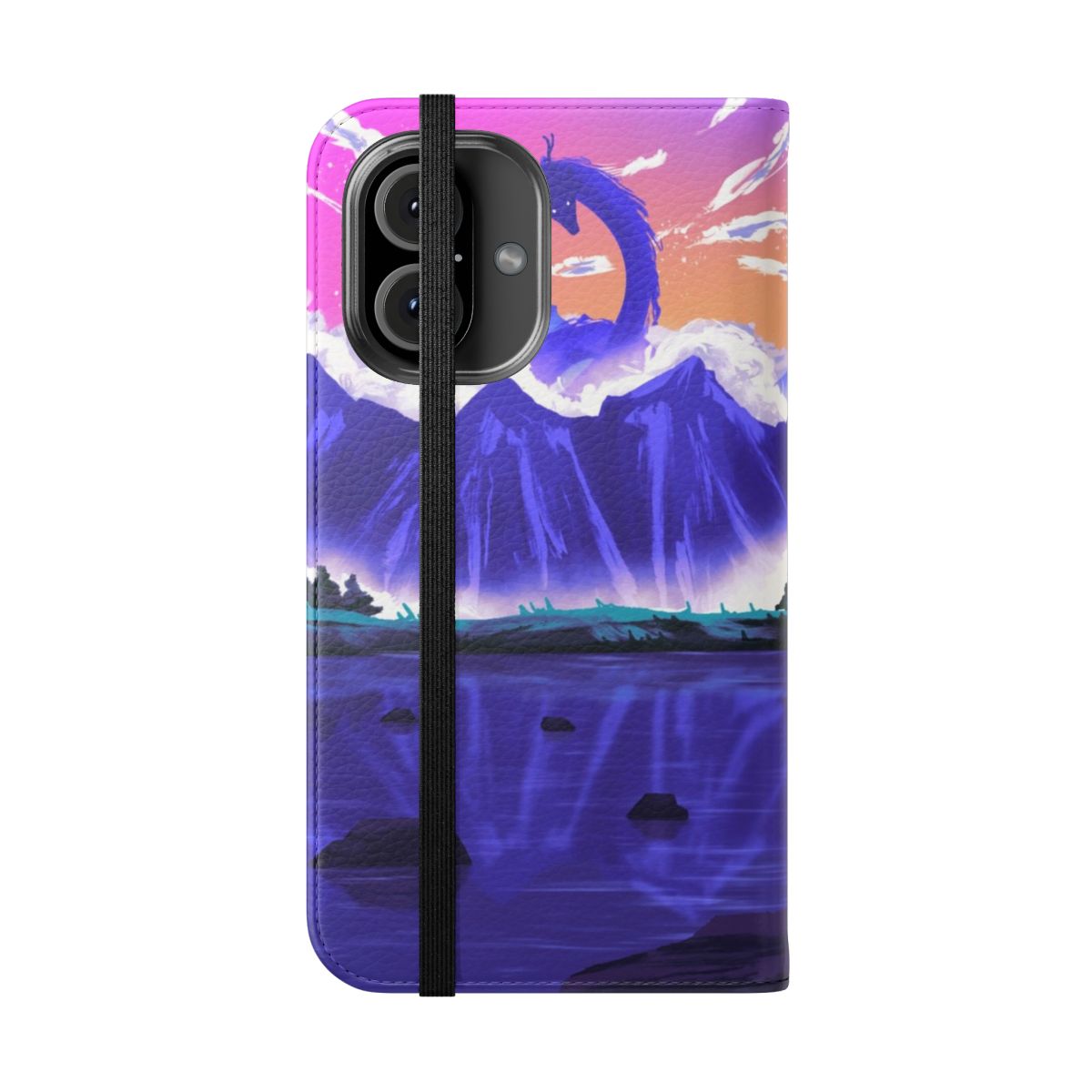 Artistic phone case featuring a sleeping dragon in a nature-inspired design - Folded Front