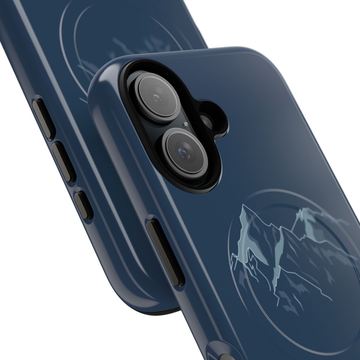 Mountains and Christian-themed graphic design on a blue magnetic tough phone case - Detail