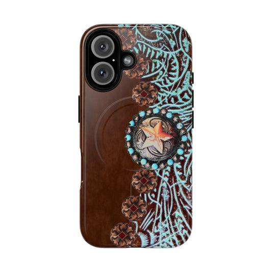 Magnetic phone case with western-inspired design, featuring turquoise and brown accents