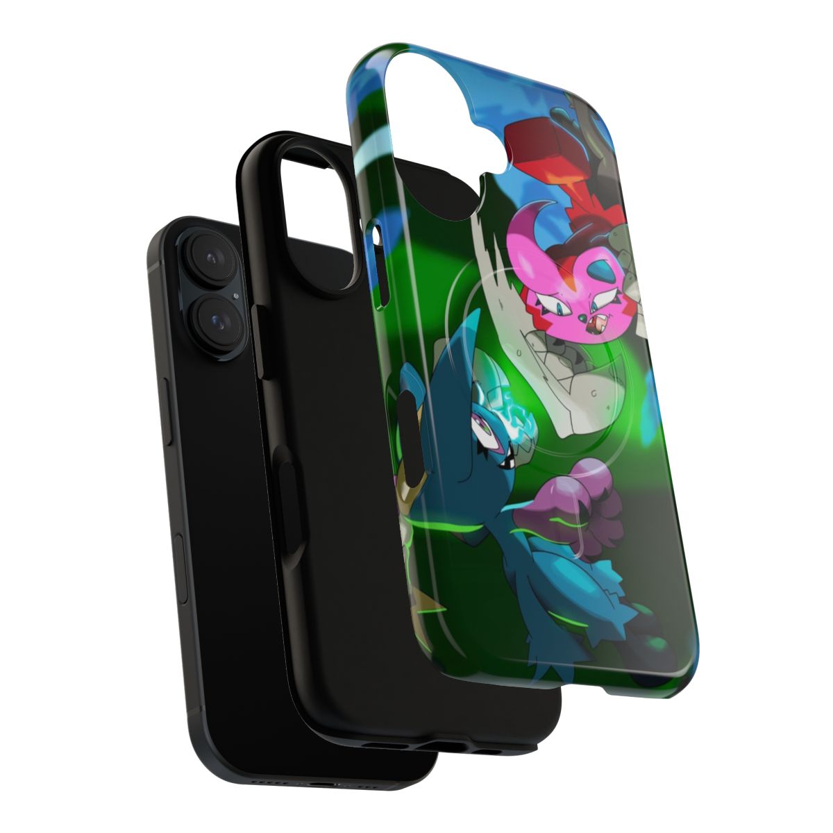 Illustration of a cat monster character on a protective phone case with a magnetic closure - Layers