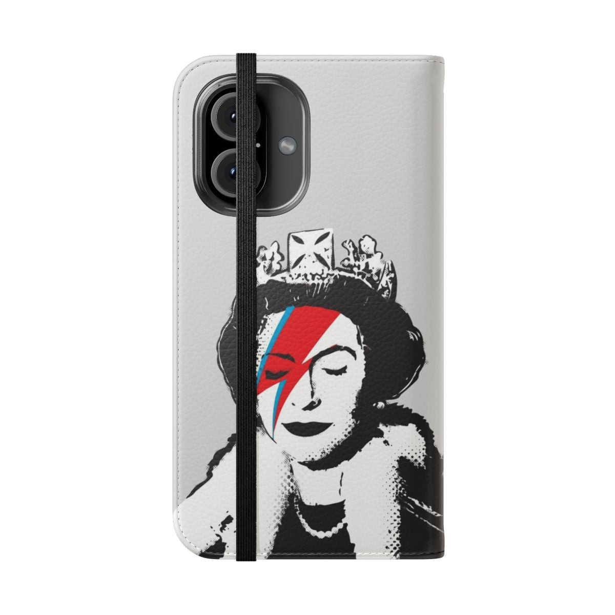 Banksy-inspired black and white phone case design featuring Queen Elizabeth II - Folded Front