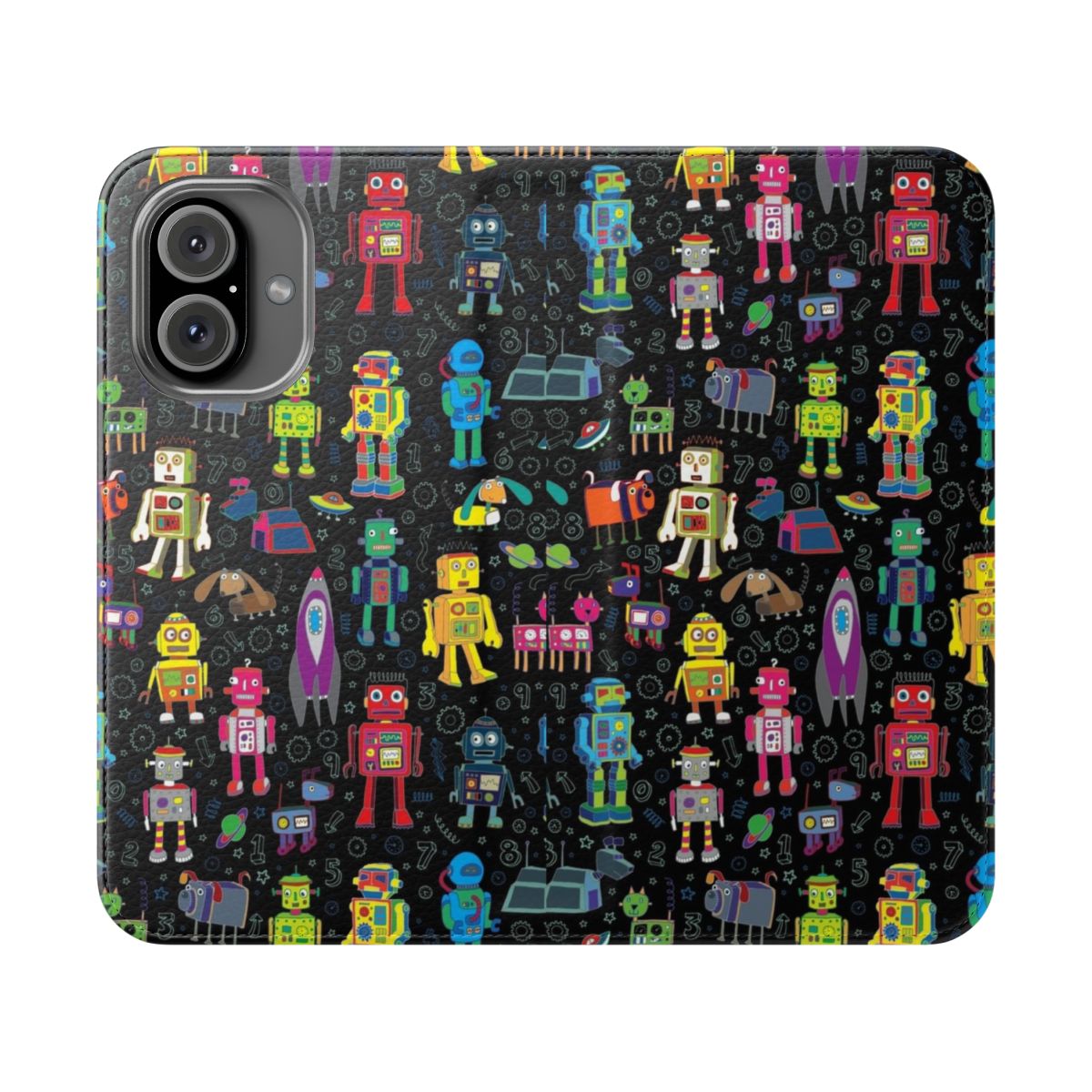 Colorful space robots, spaceships, and rocketships on a black background phone case