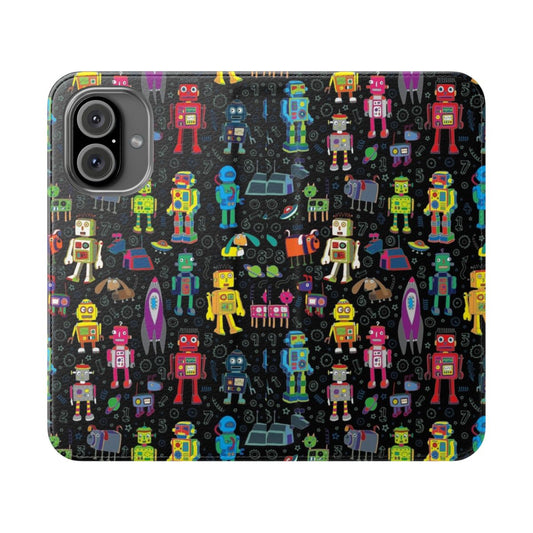 Colorful space robots, spaceships, and rocketships on a black background phone case