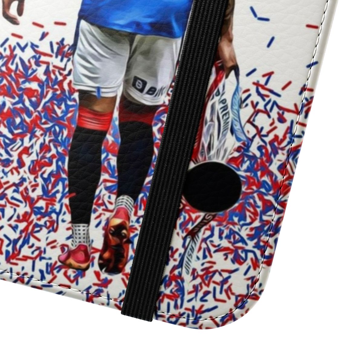 Flip cover phone case featuring an image of Rangers FC captain James Tavernier and the club's 55th league title trophy - Close Up