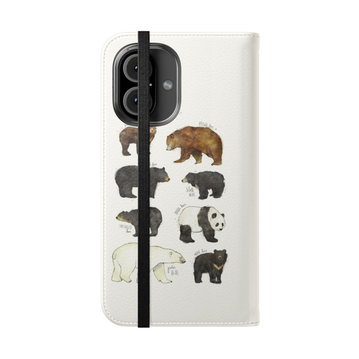 A stylish flip cover phone case featuring an illustration of a bear in a natural setting. - Folded Front