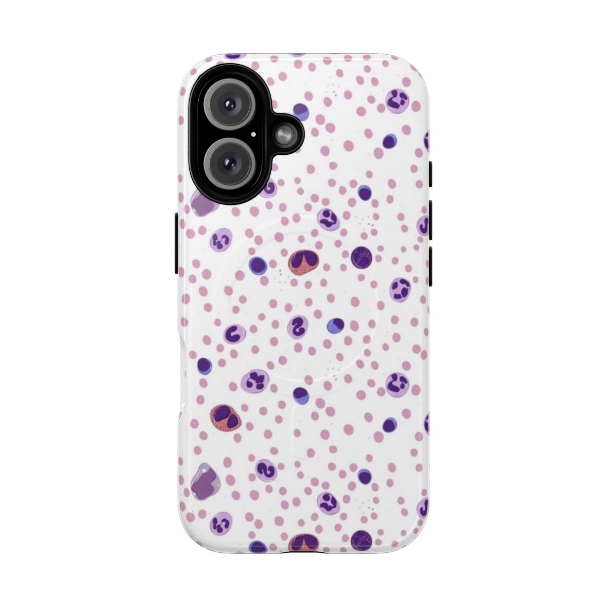 Magnetic tough phone case featuring illustration of white blood cells and red blood cells under a microscope