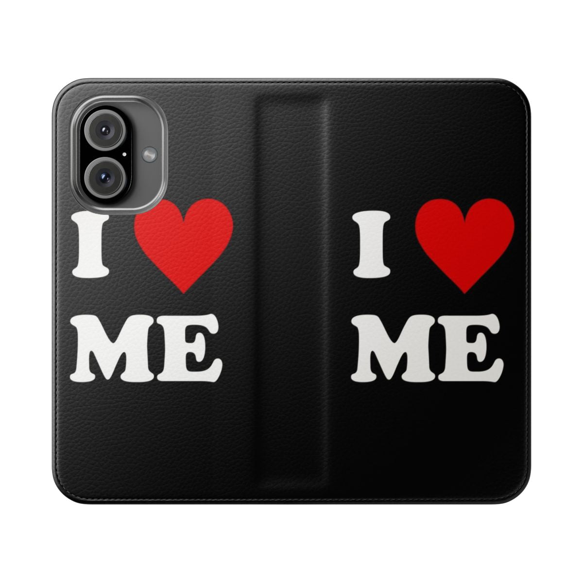 Heart-shaped flip phone case with "I Love Me" design