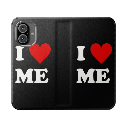 Heart-shaped flip phone case with "I Love Me" design