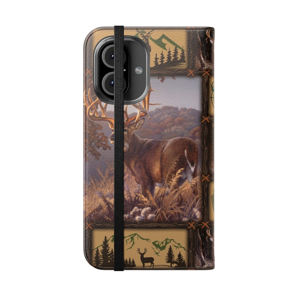 Deer hunting inspired camo quilt pattern flip phone case with buck head design - Folded Front