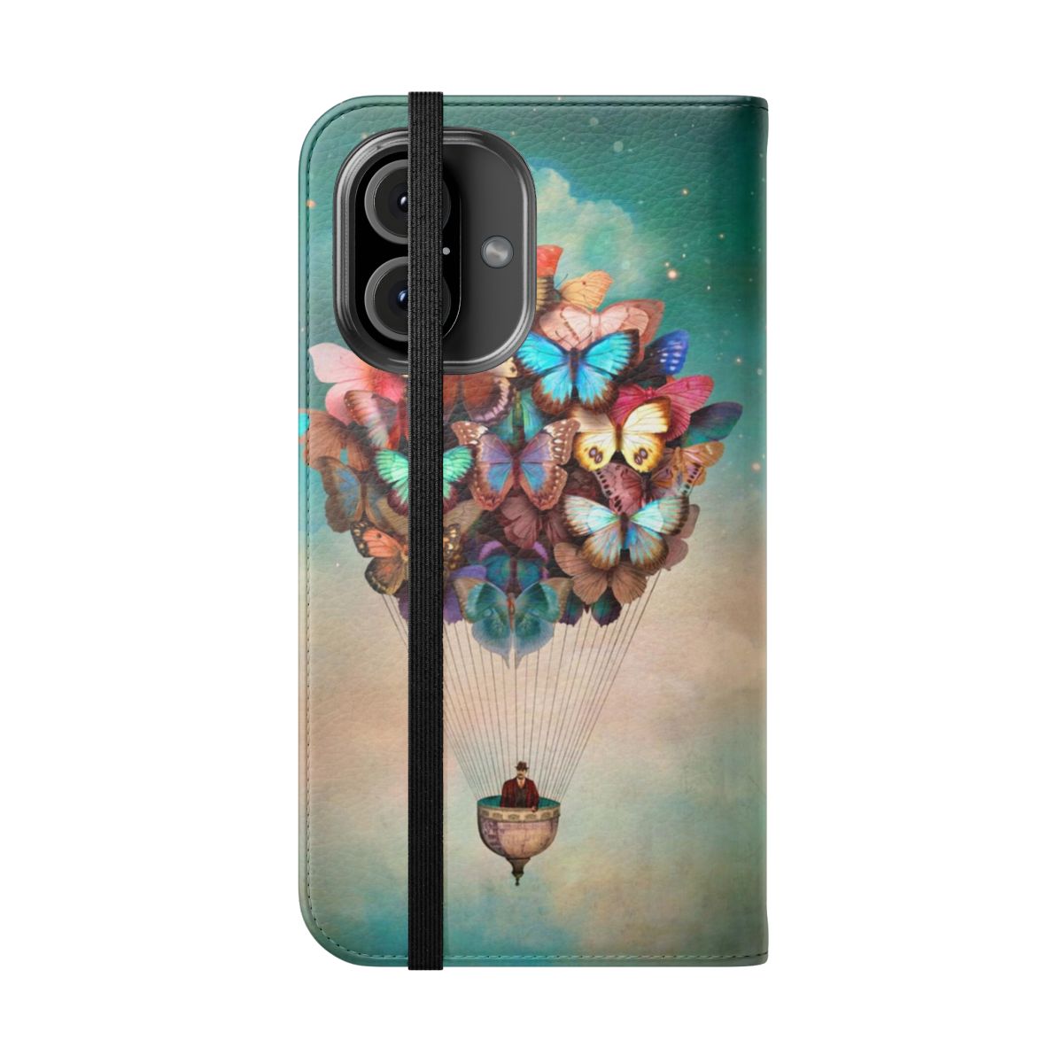 Colorful digital art phone case with butterflies, balloons, and a surreal, dreamlike sky. - Folded Front