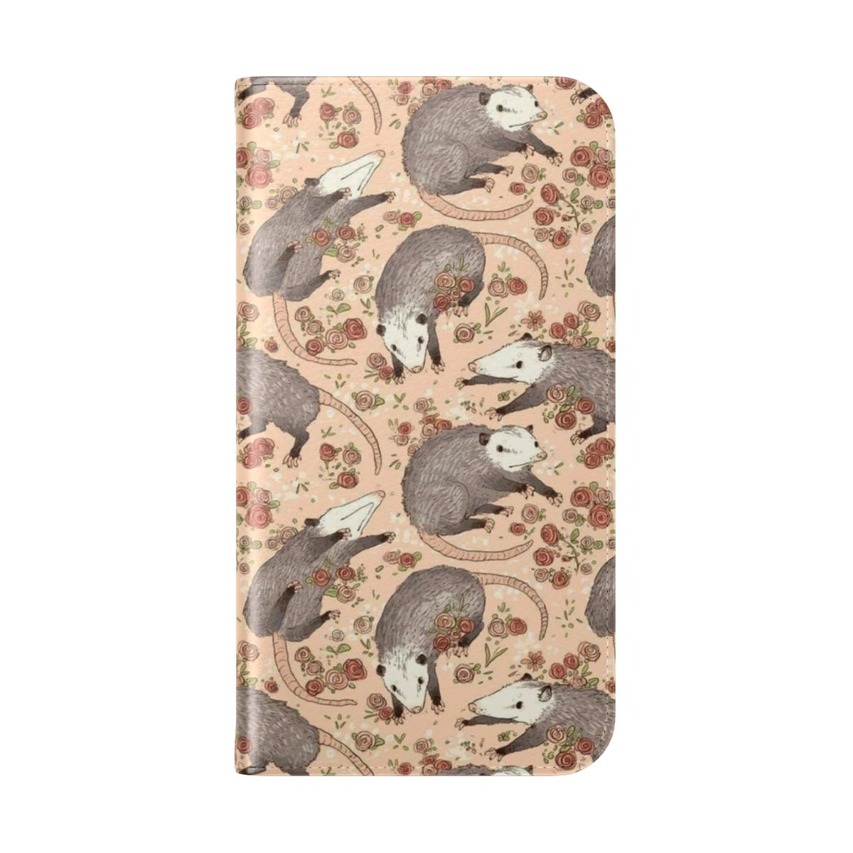 Whimsical and retro-inspired phone flip cover case featuring a cartoon possum design. - Folded Back