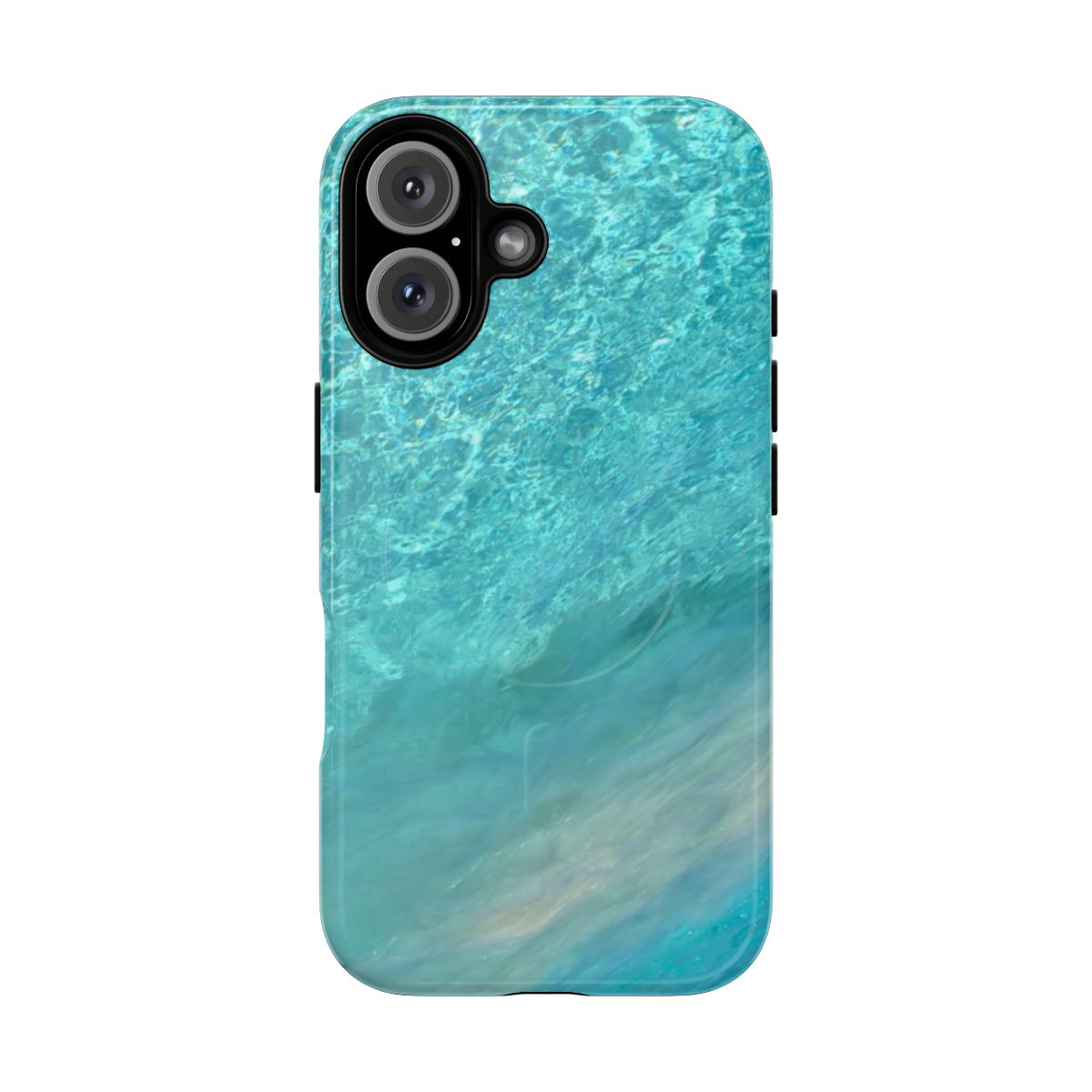 Vibrant turquoise liquid flowing in an abstract pattern on a phone case