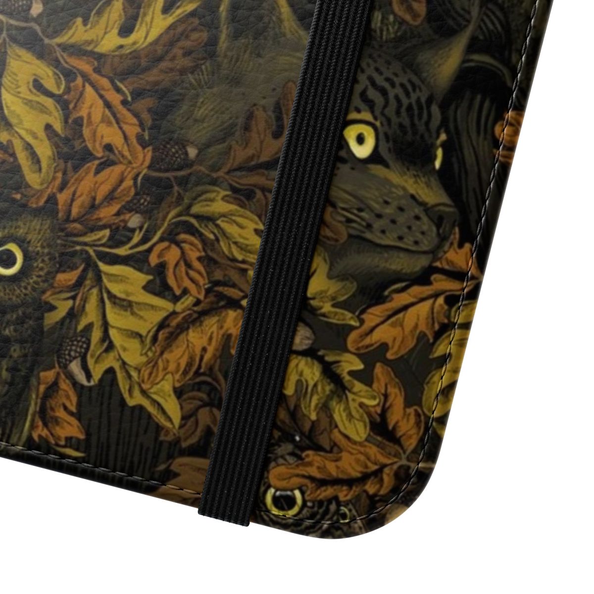 Closeup of a stylish flip phone case featuring a camouflage pattern with autumn leaves, oak, and owls. - Close Up