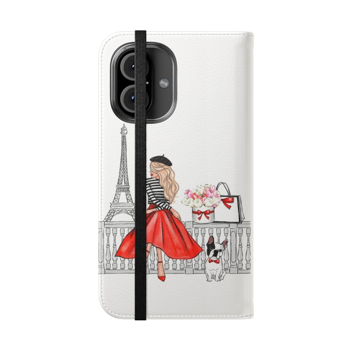 Illustration of a blonde girl in a red dress standing in front of the Eiffel Tower in Paris, France, wearing a black beret - Folded Front