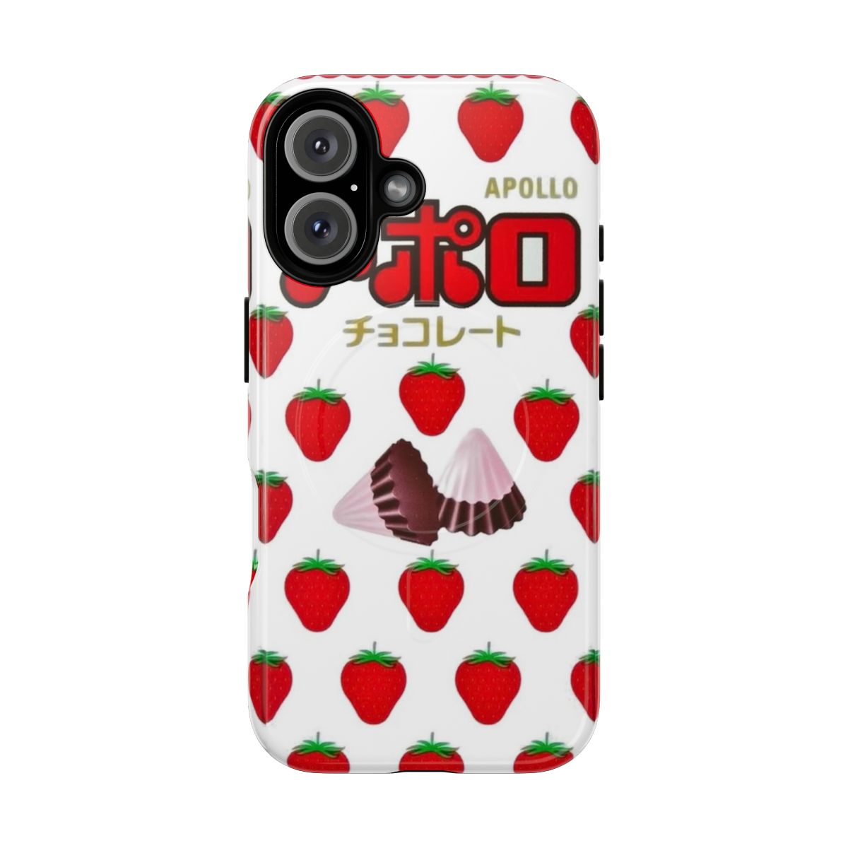 Vibrant strawberry chocolate-themed phone case with a magnetic closure and anime-style kawaii design