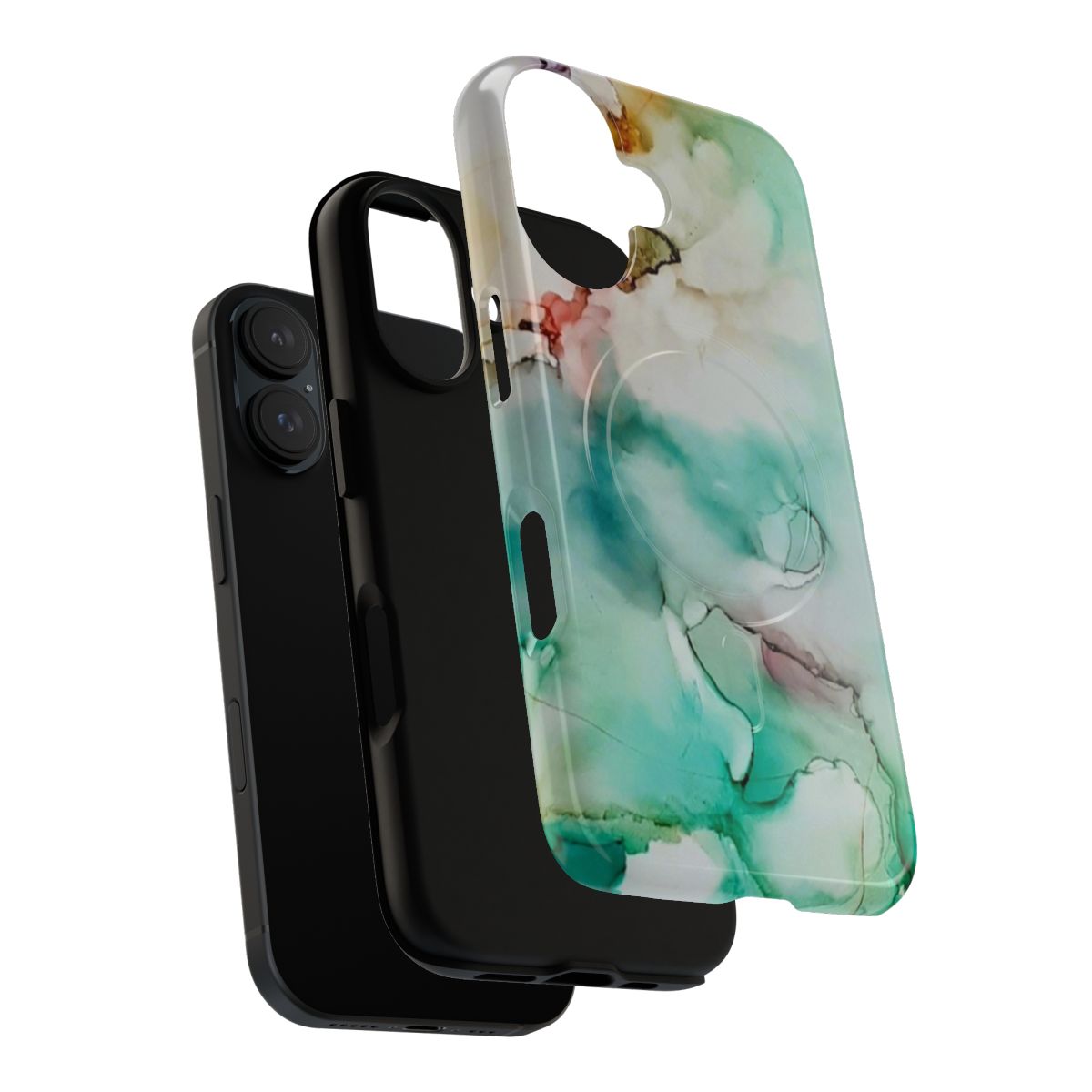 Abstract art phone case with a misty, foggy landscape scene in blue and green colors - Layers