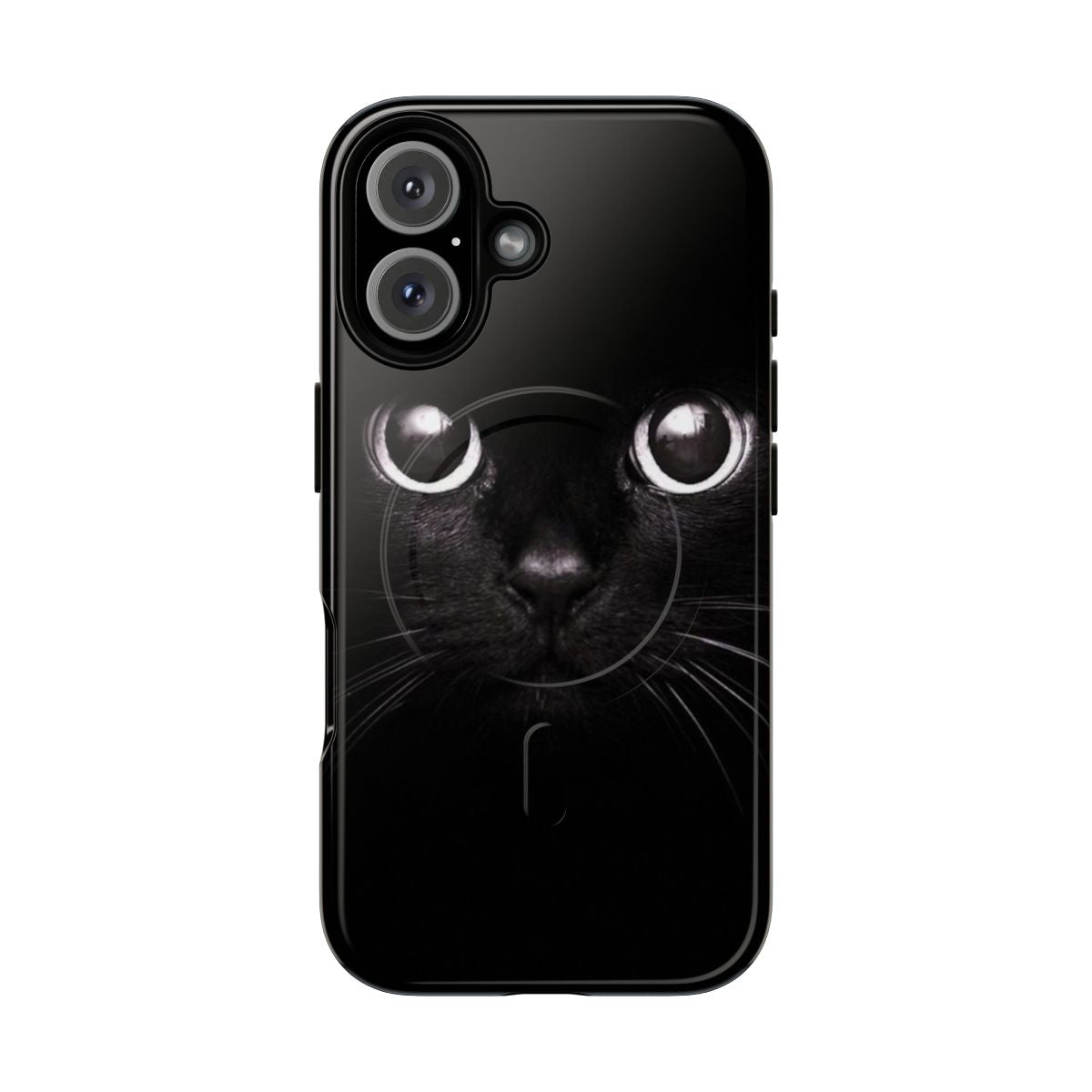 A tough, magnetic phone case featuring a black cat design