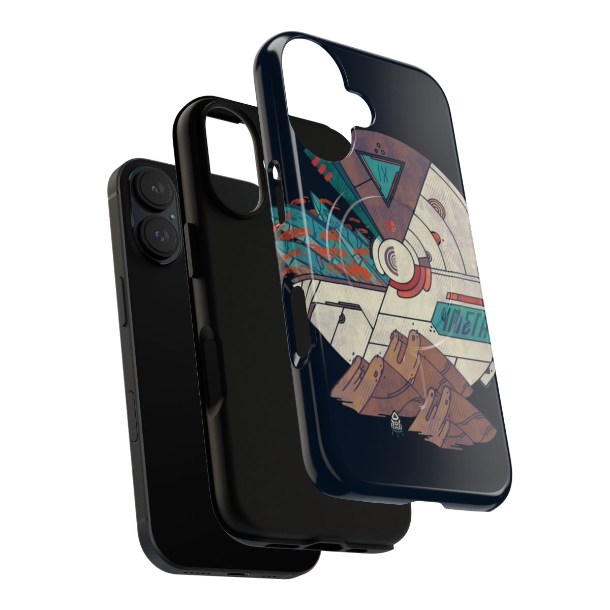 Futuristic phone case with geometric space-themed design - Layers