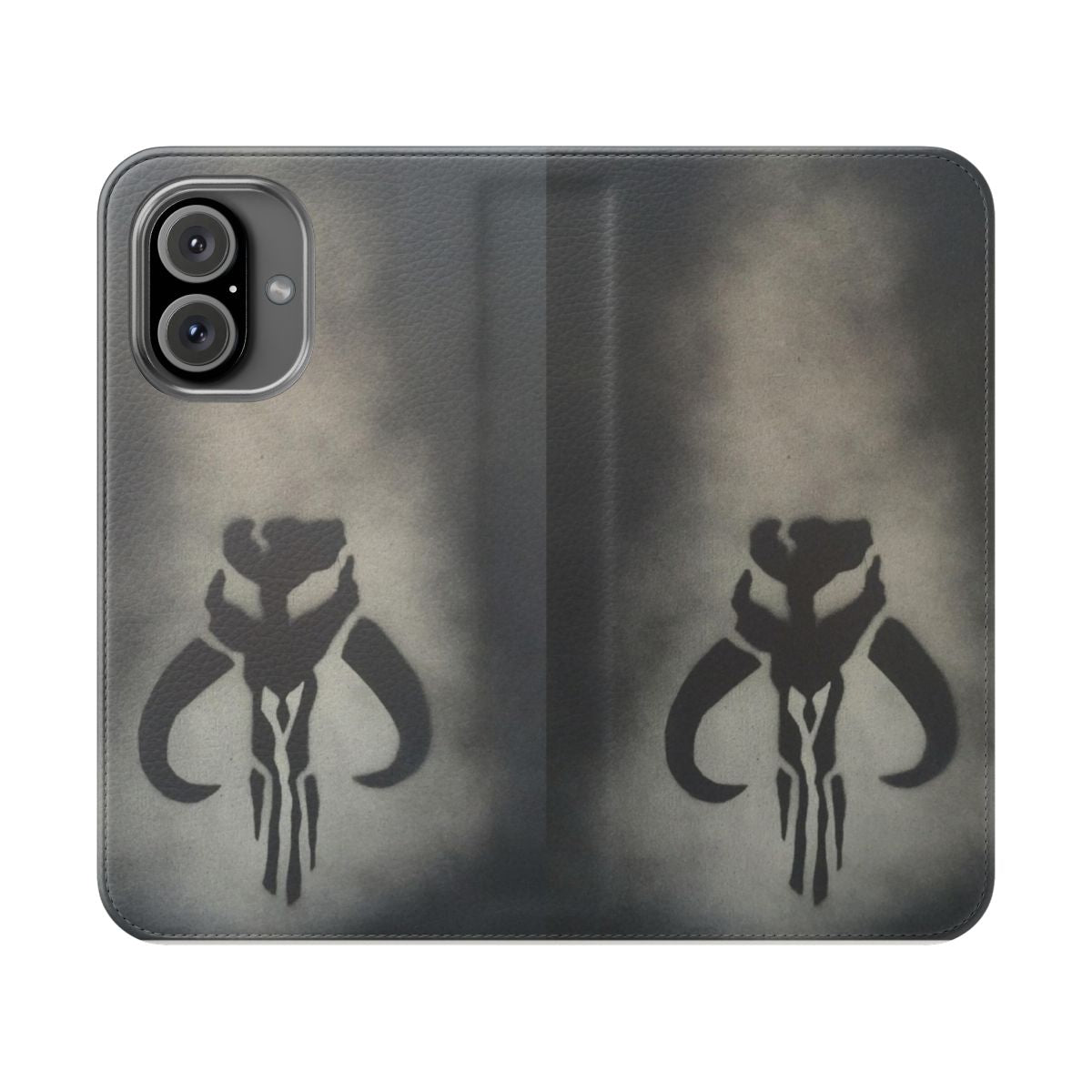 Mandalorian-inspired flip cover phone case with mythosaur skull design